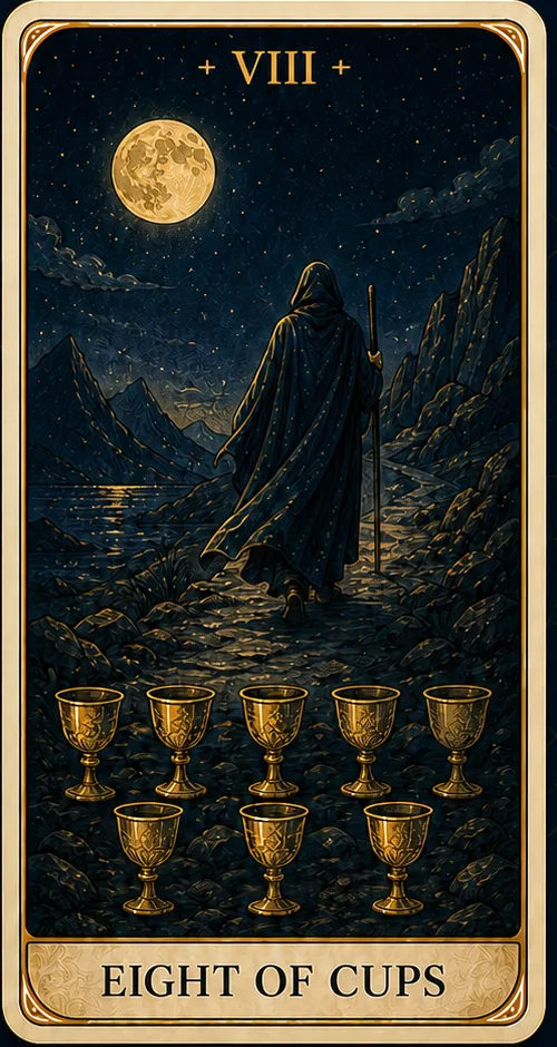 Eight of Cups: a figure follows a moonlit path, leaving eight golden cups behind