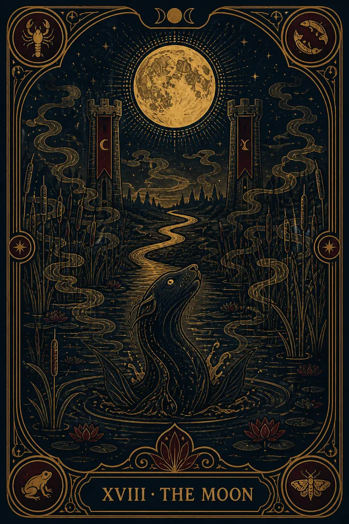Inner Draw The moon tarot artwork in gold and midnight blue