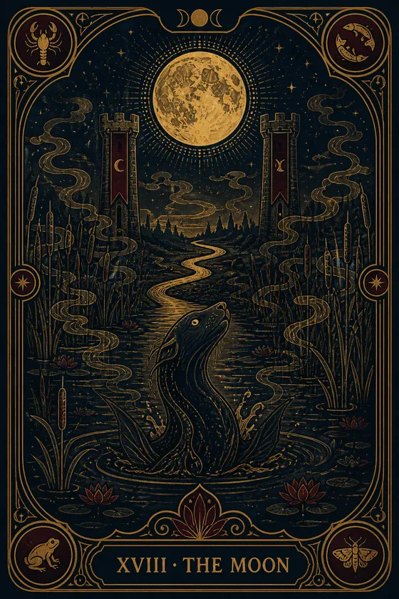 The Moon tarot card, engraved in gold on midnight blue