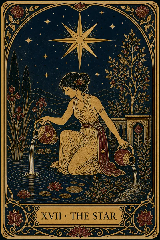 The Star: a quiet figure pours water beneath an eight-pointed gold star